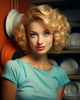 en kvinna med blond hår Framställ i främre av en skåp generativ ai foto