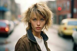 en kvinna med blond hår stående i de mitten av en stad gata generativ ai foto