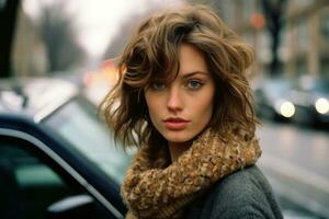 en kvinna med brun hår och en scarf är stående i främre av en bil generativ ai foto