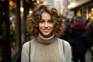 en kvinna med lockigt hår stående i en stad gata generativ ai foto
