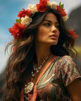 en kvinna med lång hår bär en blomma krona generativ ai foto