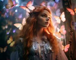 en kvinna med lång röd hår är omgiven förbi fjärilar generativ ai foto