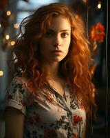 en kvinna med lång röd hår stående i främre av en sträng av lampor generativ ai foto