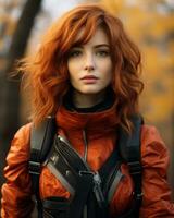 en kvinna med röd hår i ett orange jacka generativ ai foto