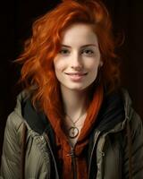 en kvinna med röd hår Framställ för de kamera generativ ai foto
