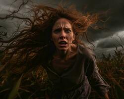 en kvinna med röd hår löpning genom en majs fält generativ ai foto