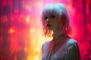 en kvinna med vit hår stående i främre av färgrik lampor generativ ai foto