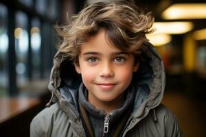 en ung pojke i en jacka ser på de kamera generativ ai foto