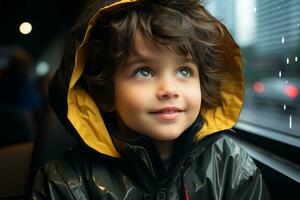 en ung pojke i en regnkappa ser upp på de himmel generativ ai foto