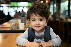 en ung pojke Sammanträde på en tabell i en restaurang generativ ai foto