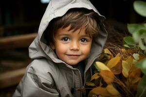 en ung pojke bär en huvor jacka i främre av löv generativ ai foto