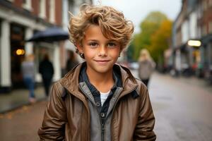 en ung pojke med lockigt hår stående på en gata generativ ai foto