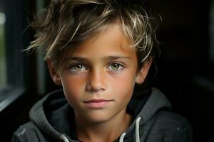 en ung pojke med grön ögon ser på de kamera generativ ai foto