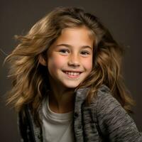 en ung flicka är leende i en studio med henne hår blåser i de vind generativ ai foto