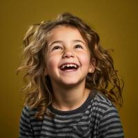 en ung flicka med lockigt hår är leende generativ ai foto