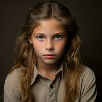 en ung flicka med lång hår och blå ögon generativ ai foto