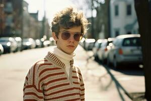 en ung man i en randig Tröja och solglasögon stående på en stad gata generativ ai foto