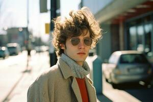 en ung man med lockigt hår och solglasögon på en stad gata generativ ai foto