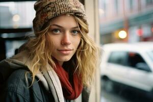 en ung kvinna bär en mössa och scarf ser ut de fönster generativ ai foto