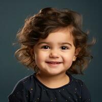 ett förtjusande liten flicka med lockigt hår leende på de kamera generativ ai foto