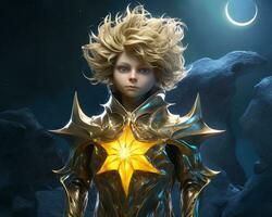 ett illustration av en ung flicka med gyllene hår stående i främre av de måne och stjärnor generativ ai foto