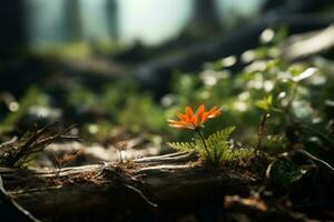 ett orange blomma är växande ut av en logga i de skog generativ ai foto