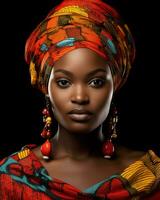skön afrikansk kvinna i traditionell klänning på svart bakgrund generativ ai foto