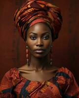 skön afrikansk kvinna i traditionell klänning generativ ai foto