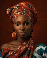 skön afrikansk kvinna i traditionell klänning och örhängen generativ ai foto
