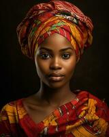 skön afrikansk kvinna i traditionell klänning generativ ai foto