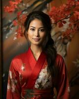 skön asiatisk kvinna i traditionell kimono generativ ai foto