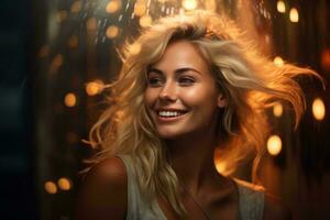 skön blond kvinna leende i de regn med lampor i de bakgrund generativ ai foto