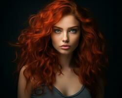 skön röd håriga kvinna med blå ögon på svart bakgrund generativ ai foto