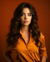 skön kvinna i orange skjorta Framställ mot orange bakgrund generativ ai foto