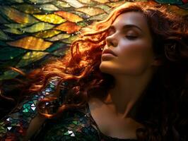 skön kvinna med röd hår liggande på en färgade glas vägg generativ ai foto