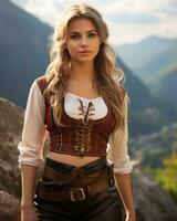 skön ung kvinna i medeltida kostym stående på topp av en berg generativ ai foto