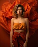 skön ung kvinna i orange byxor och topp Framställ i främre av en röd bakgrund generativ ai foto