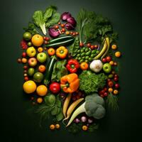 färsk frukt och grönsaker anordnad i de form av en ansikte generativ ai foto