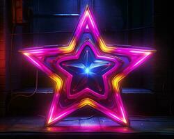 neon stjärna med neon lampor på den i en mörk rum generativ ai foto
