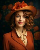 porträtt av en skön kvinna bär ett orange hatt generativ ai foto