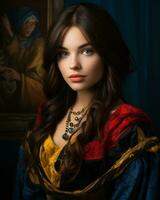 porträtt av en skön ung kvinna i renässans kostym generativ ai foto