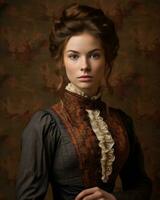 porträtt av en skön ung kvinna i victorian kläder generativ ai foto