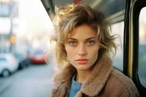 porträtt av en skön ung kvinna på en buss generativ ai foto