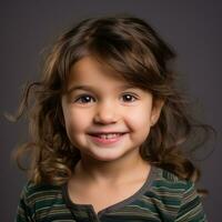 porträtt av en liten flicka med lockigt hår generativ ai foto