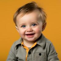 porträtt av en leende bebis pojke på ett orange bakgrund generativ ai foto