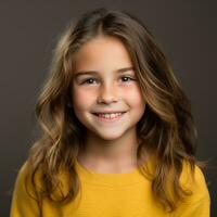 porträtt av en ung flicka med lång hår och gul Tröja generativ ai foto