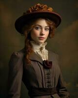 porträtt av en ung kvinna i victorian klänning och hatt generativ ai foto