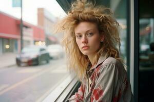 porträtt av en ung kvinna ser ut de fönster av en tåg generativ ai foto