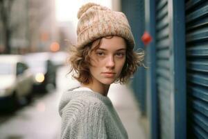 porträtt av en ung kvinna bär en stickat hatt generativ ai foto