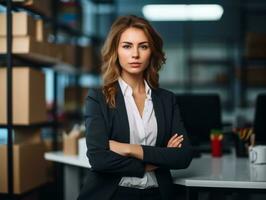 porträtt av ung affärskvinna stående i kontor med henne vapen korsade generativ ai foto